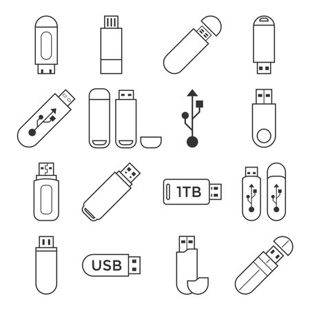 Flash drive set of outline icons about data storage devices.のイラスト素材