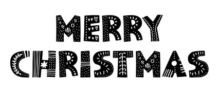 Merry christmas lettering. Cute typography in scandinavia linocut style. Elements for packaging design, scrapbooking, planners and greeting cardのイラスト素材