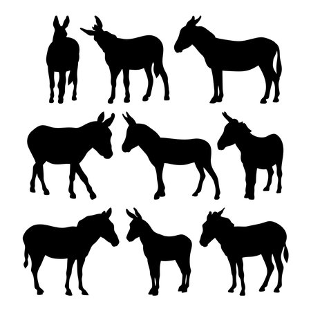 Donkey farm animal silhouette, set stencil templatesのイラスト素材
