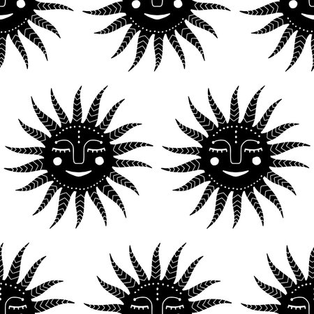 Boho sun linocut style scandinavian seamless pattern