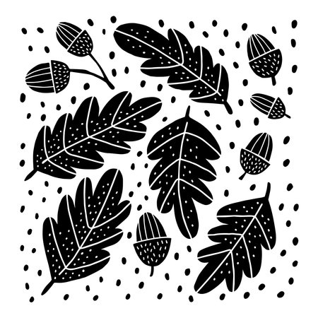 Acorns set linocut style printable clipartsのイラスト素材