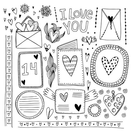 Romantic love doodle clip arts set valentine itemsのイラスト素材