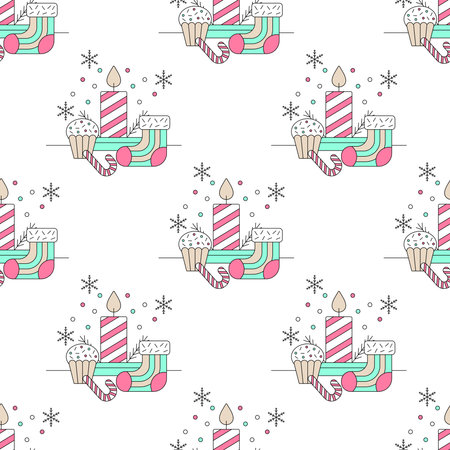 Christmas seamless pattern with candle, cake and socks.のイラスト素材