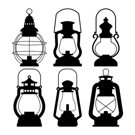 Old hand lamp lantern silhouette stencil templates setのイラスト素材