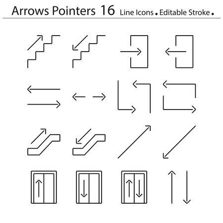 Arrows pointers line icons set, upstairs downstairs symbols editable strokeのイラスト素材