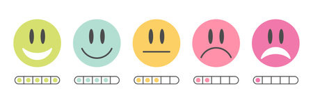Feedback colored emotion faces rating scale icons editable stroke hand drawn vector objectsのイラスト素材