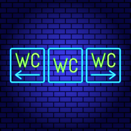 Neon sign public toilet WC icon glowing on brick wall vector imageのイラスト素材