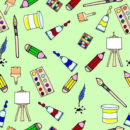 Seamless pattern. Artist's artistic tools. Set of tools for drawing, vector illustration, vector watercolor, designer accessories, brushes, easel, palette.のイラスト素材