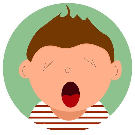 Illustration depicting a boy who is yawning. In a striped shirt. Vector illustration, icon for web design.のイラスト素材