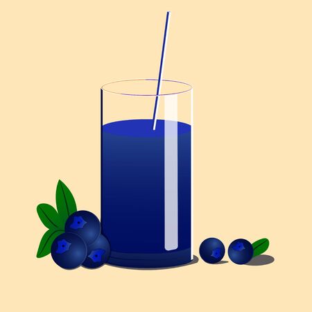 Fresh blueberry juice with straws. Berry juice on a light background. Juice illustration. Fresh blueberries. Fresh juice for the menu in the cafe.のイラスト素材