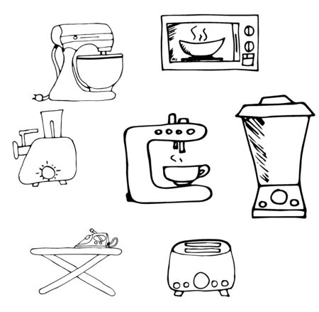 Set of isolated black and white elements, food concept. Mixer, microwave, blender, meat grinder, toaster, coffee maker, ironing board and iron.のイラスト素材