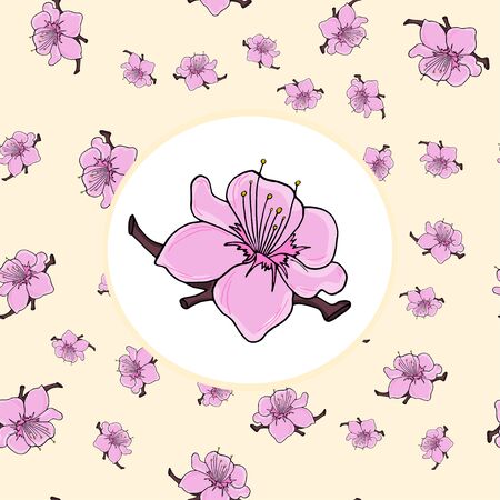 Blooming sakura or cherry Japanese seamless pattern. Hand drawn vector illustration. Perfect for invitations, cards, prints, flyers, posters.のイラスト素材
