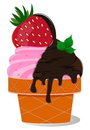 Strawberry ice cream in a waffle cup with chocolate icing and fresh berries with mint leaves. Detailed vector icons. A series of food and drink and culinary ingredients.のイラスト素材