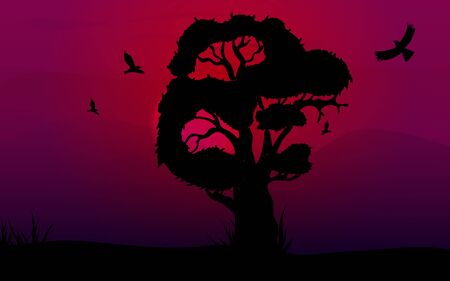 Evening forest landscape, oak and grass on the river bank and birds in the cloudy sky, black and gray silhouettes on a white background. Vectorのイラスト素材