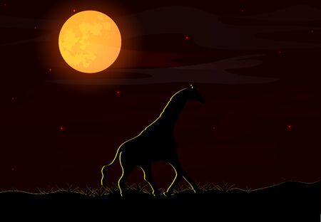 Vector illustration of an African landscape with wildlife on a night scene, full moon and night sky. Giraffe on the background of the moon. Safari theme.のイラスト素材