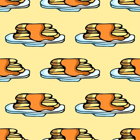 Seamless pattern with pancakes in a plate. Vector hand drawn illustration. Perfect for invitations, cards, prints, flyers, posters.のイラスト素材