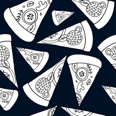 Seamless pattern of sliced pizza on a beautiful background. Vector hand-drawn illustration. Pizza label for menu or packaging.のイラスト素材