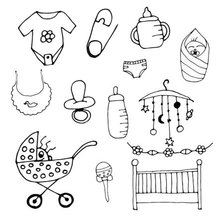 child care outline vector icons. pacifier for newborn icon, diaper icon, pram icon, baby romper icon, baby rattle icon, crib icon, baby bibs icon. Set of children's icons hand-drawn and isolated on a white background.のイラスト素材