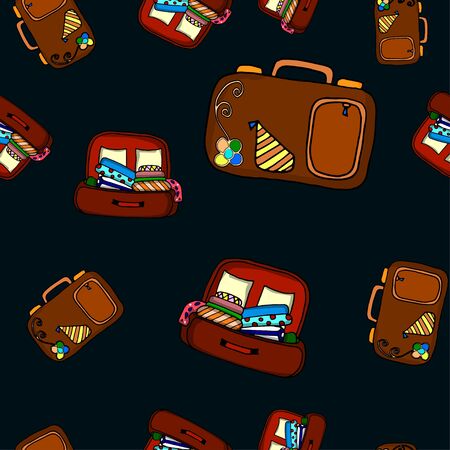 Vector seamless travel pattern. Simple doodle of luggage and suitcase turned into a repeat. Great for background, wrapping paper, packaging, travel theme, fashion.のイラスト素材