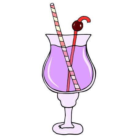Tall glass milkshake with bubbles and a straw. Cherry cocktail icon. Hand drawn cartoon illustration. Isolated vector sign in doodle style on a white background.のイラスト素材