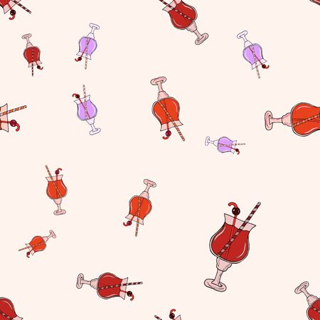 Tall glass milkshake with bubbles and a straw. Cherry cocktail icon. Hand drawn cartoon illustration. Seamless vector pattern in doodle style on a white background.のイラスト素材