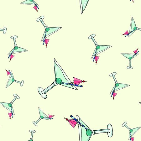 Seamless pattern glass of dry martini cocktail and olives on a colorful background. Hand drawing alcoholic cocktail. Vector illustration in cartoon style.のイラスト素材
