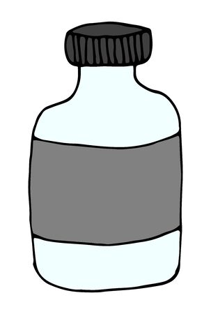 Hand drawn medical pill bottle isolated on a white background. Vector doodle.Vector illustration for badge, logo, sticker, print.のイラスト素材