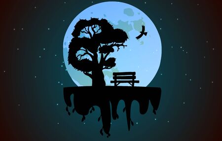 Bench under a tree against the backdrop of a huge moon. Landscape with a soaring island. Can be used for travel or banner, poster design, desktop.のイラスト素材