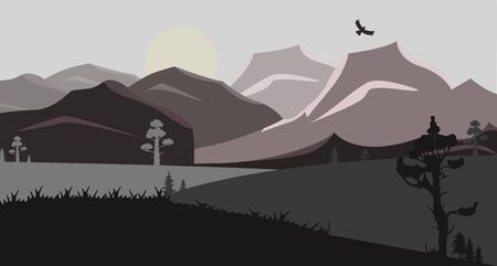 Beautiful minimalistic mountain landscape with flying birds and trees with grass.Can be used for travel or banner, poster design, desktop.のイラスト素材