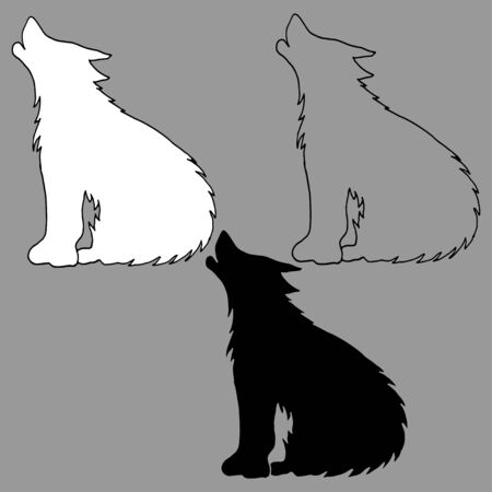 Black and white silhouette with the outline of a howling wolf. Vector illustration isolated on gray, logo icon.Perfect for invitations, cards, prints, flyers, posters.のイラスト素材