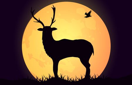 Silhouette of a deer against the backdrop of a large moon. Beautiful landscape with a bird. Can be used for travel or banners, poster design, desktop.のイラスト素材
