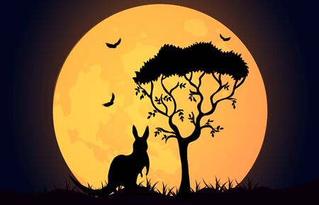 Kangaroo silhouette on the Australian plains. Acacia tree and kangaroo with birds on the background of the moon. Wildlife Australia. Realistic vector landscape. Silhouettes of animals and plants.のイラスト素材
