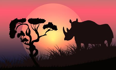 Vector illustration of a black silhouette of a rhino on the grass with a tree on a background of sunrise. Can be used for travel or banners, poster design, desktop.のイラスト素材