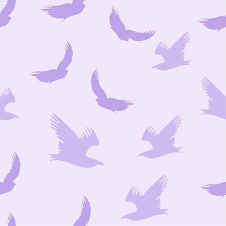 Vector seamless flying birds conversation pattern, spring summer, tender romantic violet background. Design for print, poster, design.のイラスト素材
