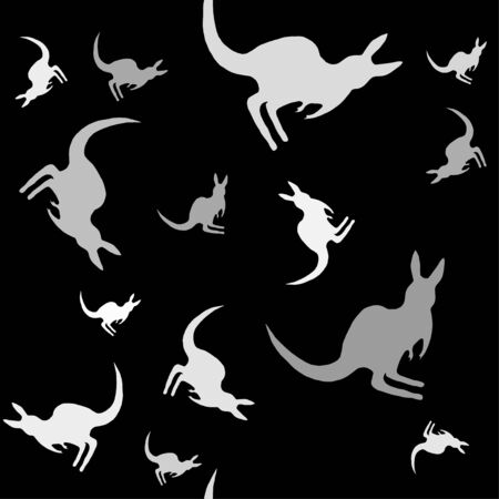Seamless pattern with kangaroo silhouettes. Australian animal White silhouettes isolated on black background. Hand-drawn. Vector illustrationのイラスト素材