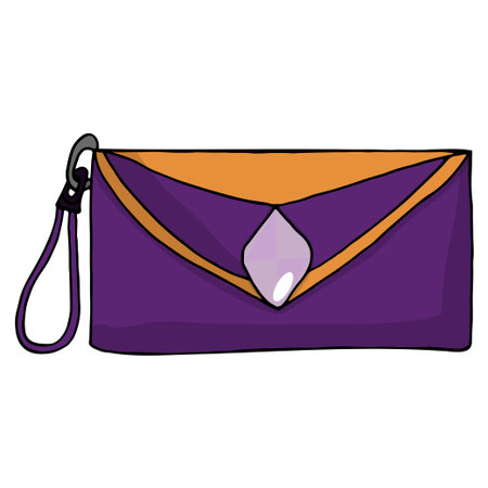 Women's hand drawn bag. Fashionable and glamorous clutch with a stone. Design for print, poster, design. Vector hand drawn illustration and isolated on a white background.のイラスト素材