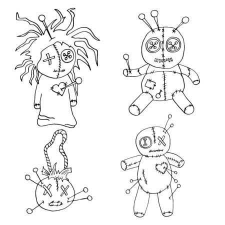 Set of voodoo dolls Vector illustration isolated on white background in doodle style. Suitable for tattoo, design, t-shirts, brand , badge, t-shirts, printed cups, cards.のイラスト素材