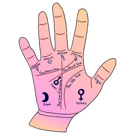 Colorful hand for palm reading, palm for reading cards. Vector hand drawn illustration on a white background.のイラスト素材