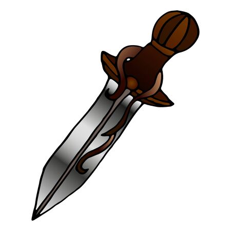 Colorful ritual dagger on a white background. Hand drawn vector illustration. Black work, flash tattoo or print design. Doodle line style vector illustration. Occultism, Wicca, Herbalismのイラスト素材