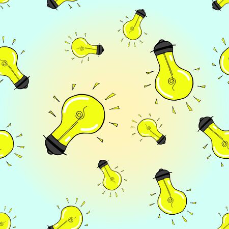Hand drawn seamless pattern with light bulbs. Collection of bulbs, sketch objects. Beautiful background with lamps. Decorative wallpaper, good for printingのイラスト素材