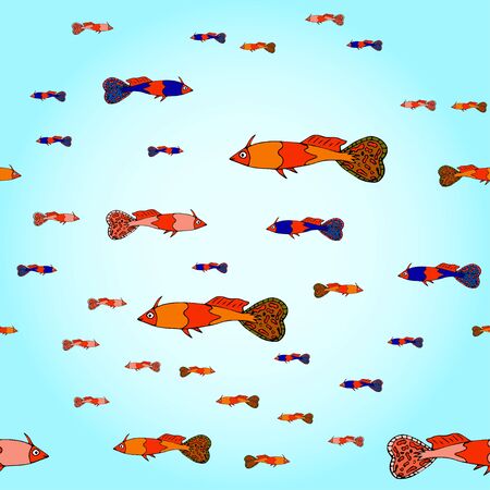 Seamless pattern with colorful aquarium fish. Vector drawing illustration for design.Perfect for invitations, cards, prints, flyers, posters.のイラスト素材