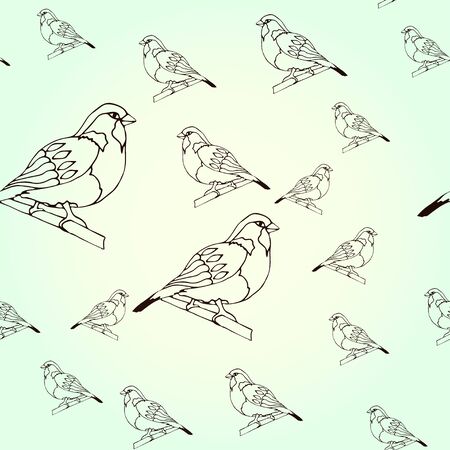 Seamless pattern Sparrow, bird in winter on a light background. Drawn outline. Vector illustration for badge, logo, sticker, print.のイラスト素材