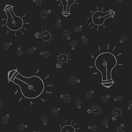 Hand drawn seamless pattern with light bulbs. Collection of bulbs, sketch objects. Beautiful background with lamps. Decorative wallpaper, good for printingのイラスト素材