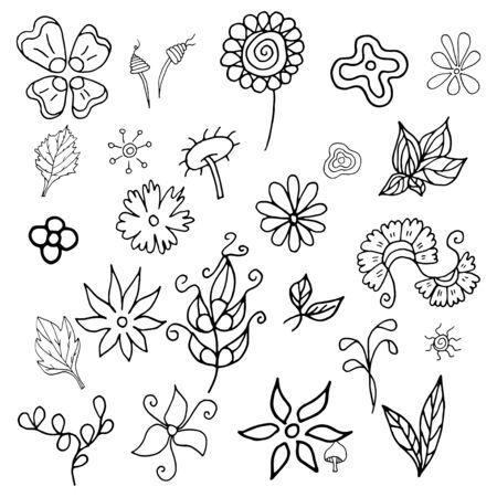 Set of decorative flowers.Vector hand-drawn illustration isolated on white background. Suitable for badge,   sticker, print.のイラスト素材