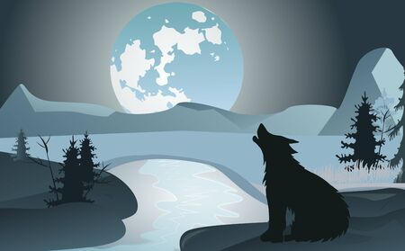 Night landscape with a howling wolf on a background of the moon and mountains. Winter stream. Design template for poster or book cover.のイラスト素材