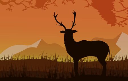 Silhouette of a deer on a background of mountains. Can be used for travel or banners, poster design.のイラスト素材