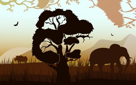 Horizontal african landscape with tropical animals, trees and grass in warm colors. Savannah view with rhino, elephant silhouettes. Exotic safari background for posters, banners.のイラスト素材