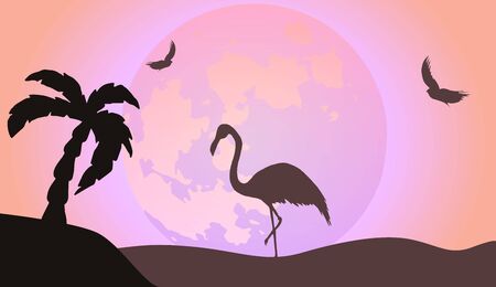 Vector silhouette of a flamingo with moon and palm background.Can be used for travel or safari banner, poster design, desktop.のイラスト素材