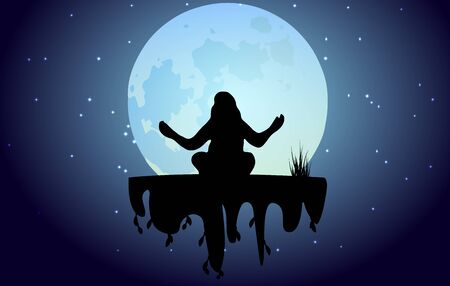 Silhouette of a young woman practicing yoga against the background of the night sky and the big moon. Soaring island.Can be used for travel or safari banner, poster design, desktop.のイラスト素材