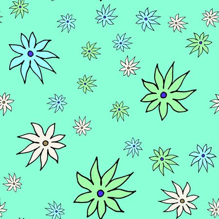 Seamless pattern with colorful floral pattern. Hand drawn doodle isolated on white background. Vector illustration for badge, sticker, print.のイラスト素材